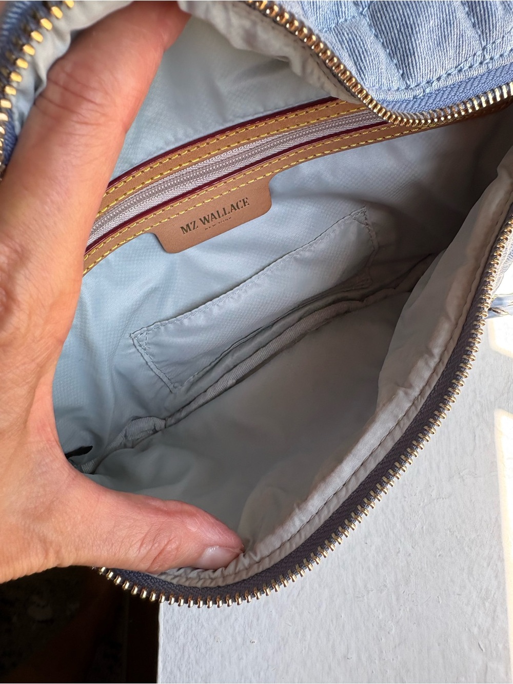 MZ Wallace Quilted Light Blue Crossbody Belt Bag with Gold Hardware - Picture 7 of 11